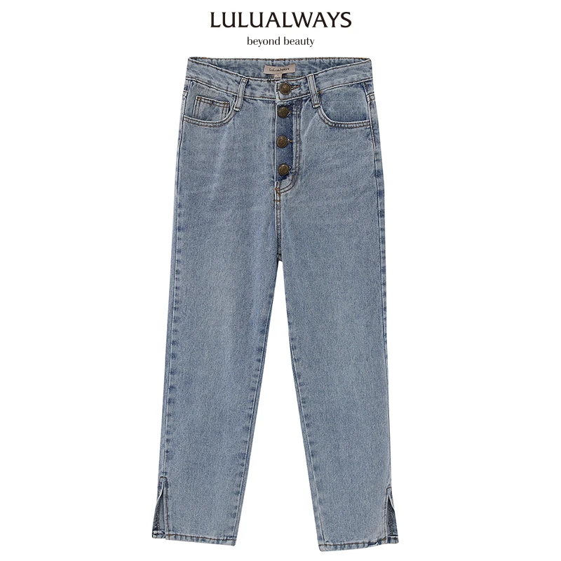 LULUALWAYS复古显瘦直筒开叉牛仔长裤OMC3001