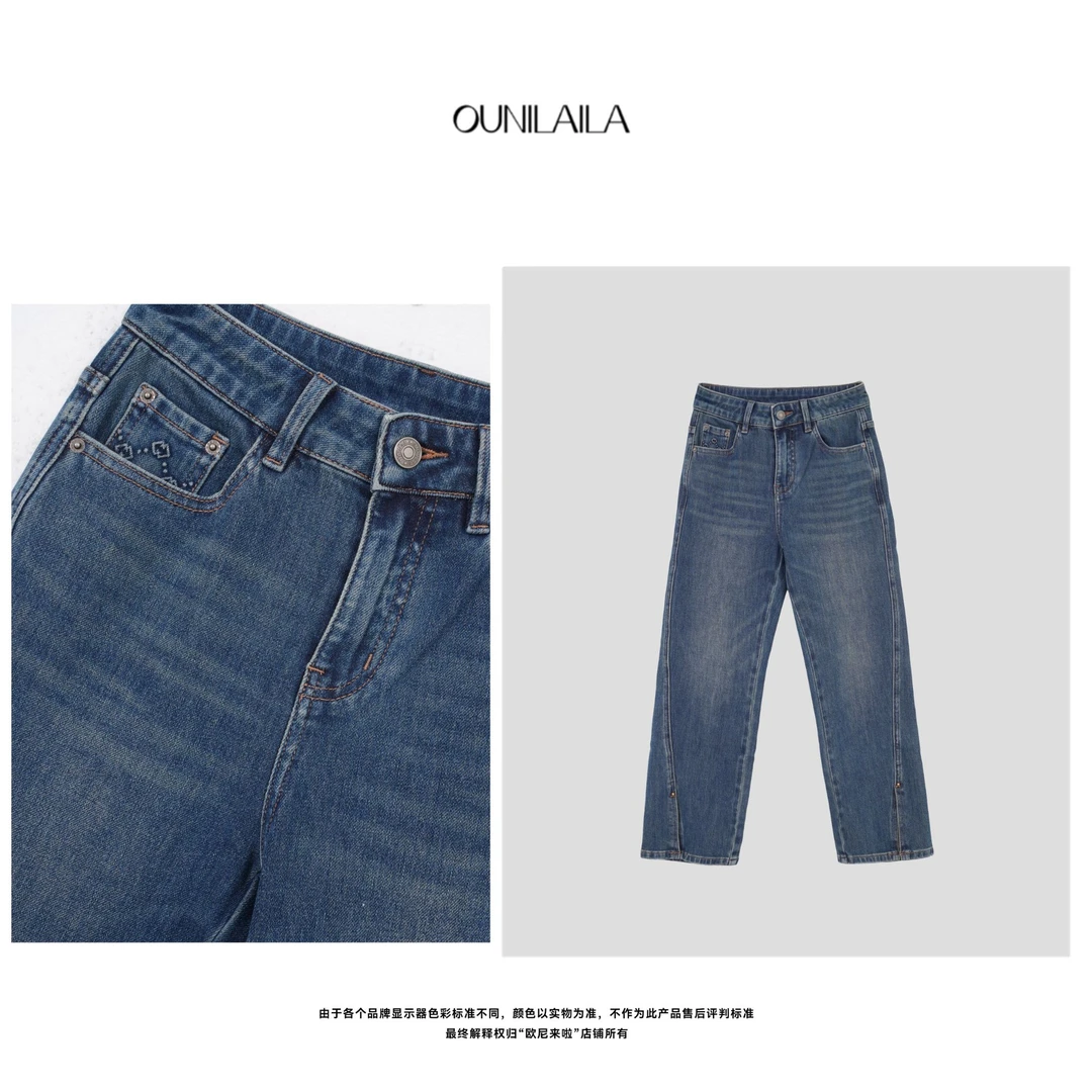 欧尼家【怀旧裤】斜开衩显瘦显高 / 精致洋气牛仔裤八分裤KZ7666N