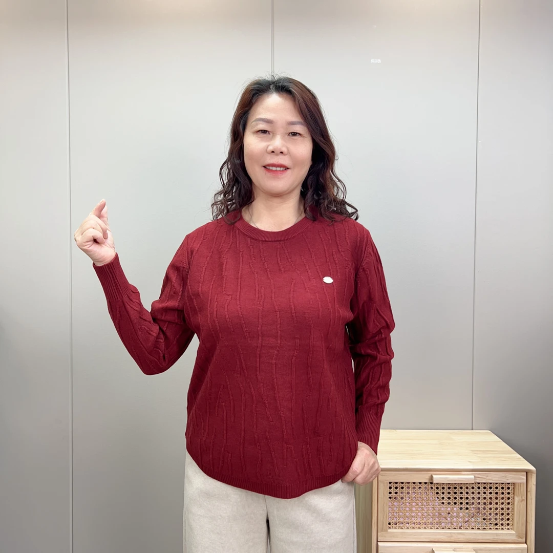 厚款纯色提花女针织毛针织衫圆领红色时尚女装妈妈百搭