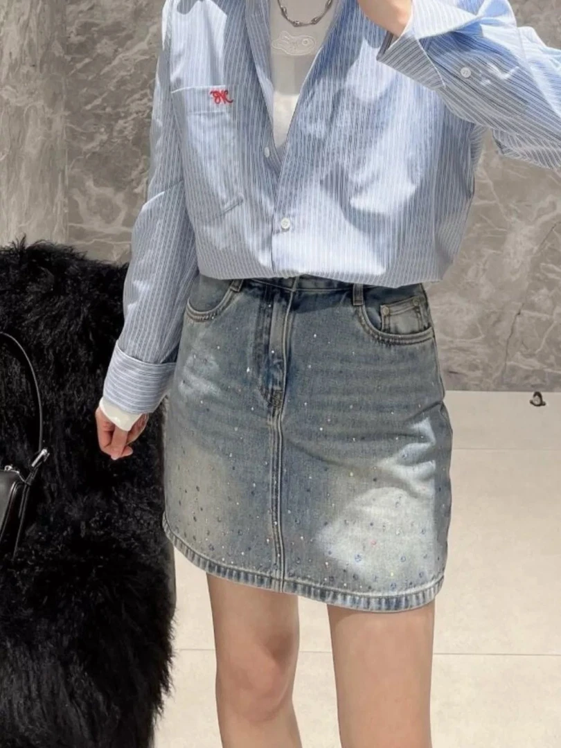 『朱小姐』牛仔短裙春新品重工钻饰彩绘艺术洗褪做旧棉质 F873