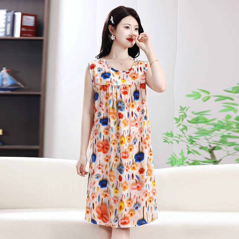 棉绸女睡衣2025新款夏妈妈睡裙中长款无袖连衣裙人造棉家居服洋气