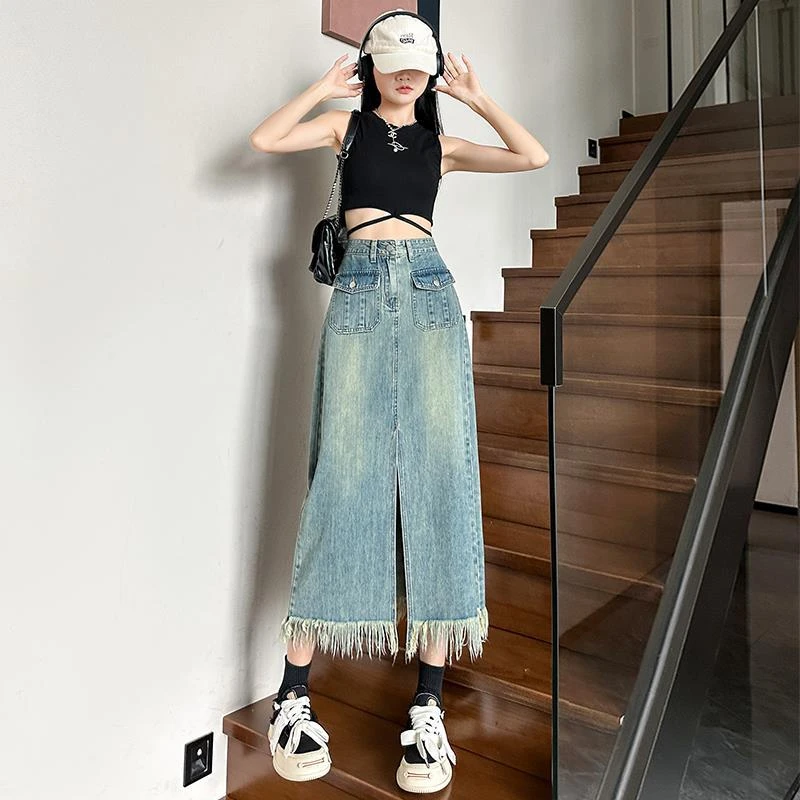 牛仔半身裙女夏季高腰包臀裙2025新款复古直筒宽松休闲中长款半裙
