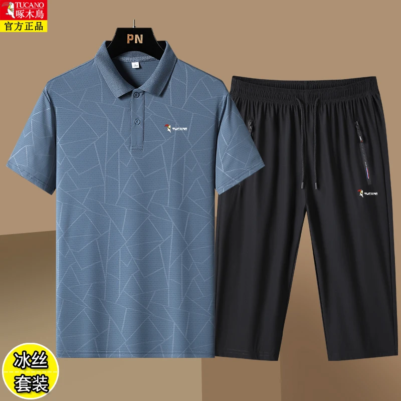 啄木鸟爸爸运动套装新款夏季男士中老年冰丝短袖polo衫休闲两件套