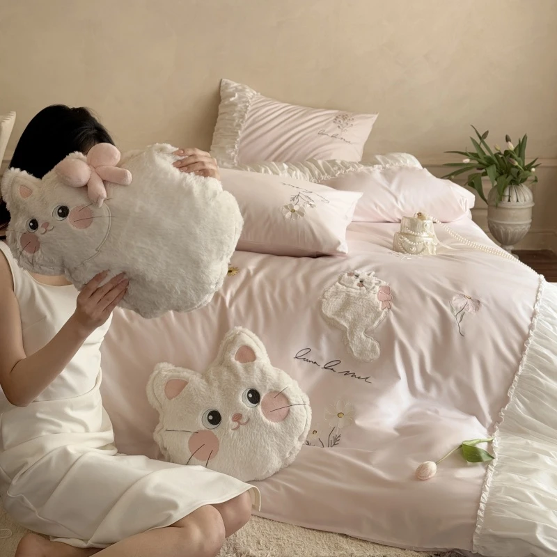 少女心100S全棉长绒棉四件套可爱猫刺绣被套床单1.8m纯棉床上用品