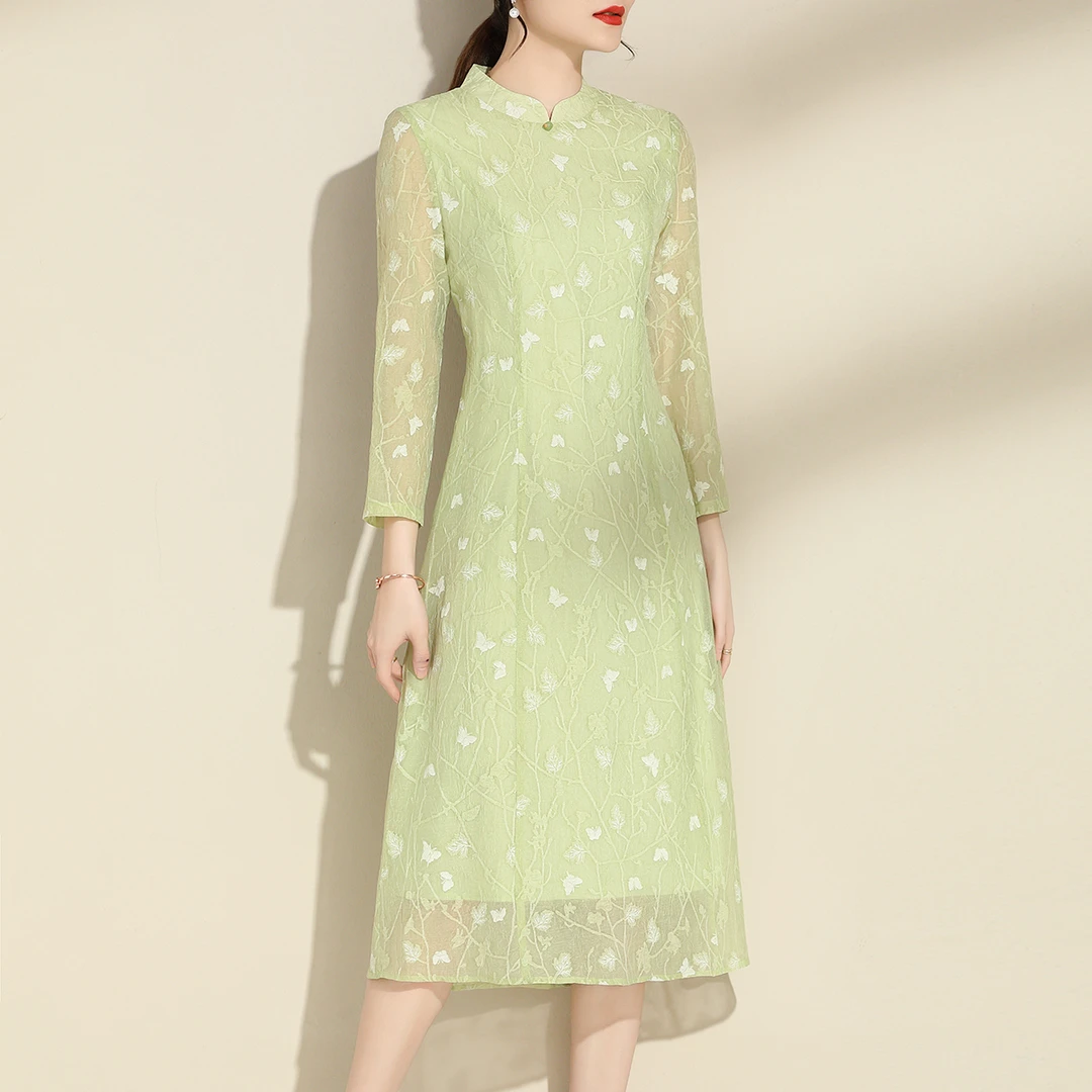 秋季印花九分袖春秋连衣裙中长款修身改良旗袍裙白色印花蝴蝶裙子