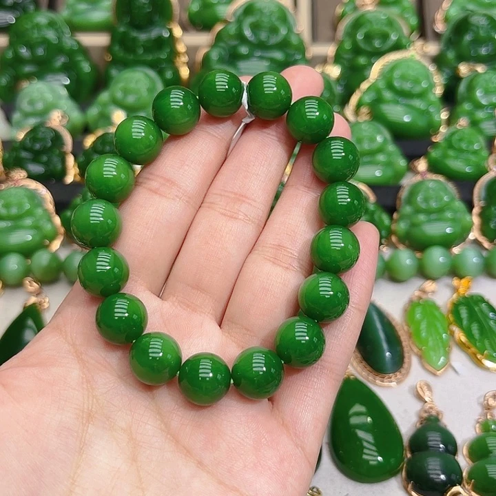 和田玉（碧玉）手串未镶嵌12m阳绿单圈