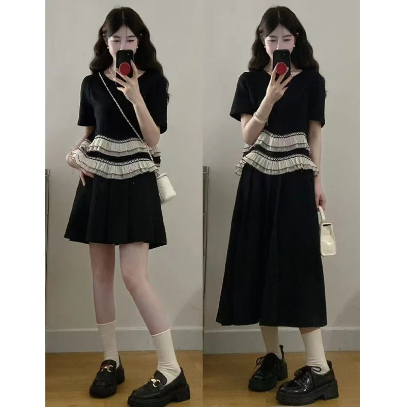 大码女装胖mm夏季新款黑色圆领百搭拼接荷叶边百褶半身裙洋气套装