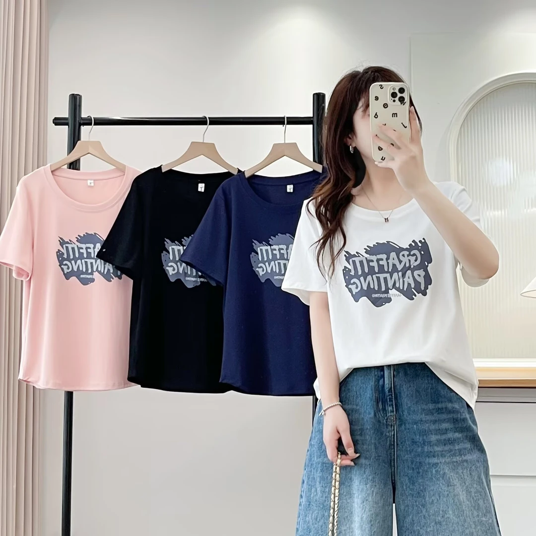 梦冬佳--110-190斤大码女装印花女士短袖T恤字母百搭显瘦半袖上衣