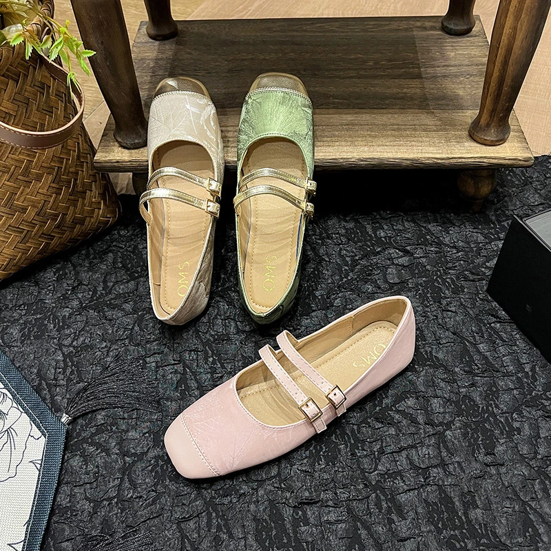 688-10新中式复古方头拼接一字带玛丽珍芭蕾舞鞋低跟浅口大码单鞋