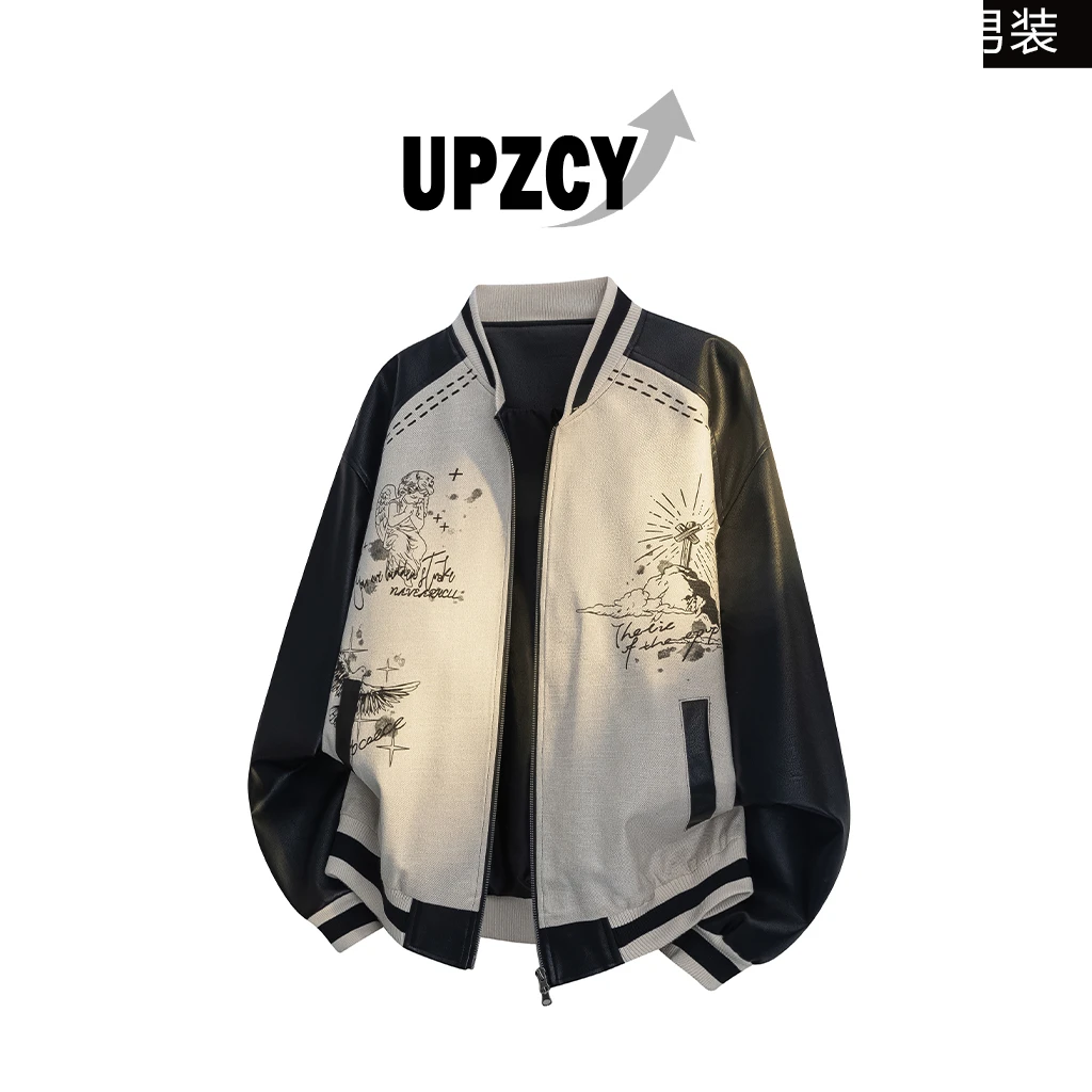 UPZCY美式大码印花夹克男春秋休闲拼接宽松皮夹克外套高级感男装