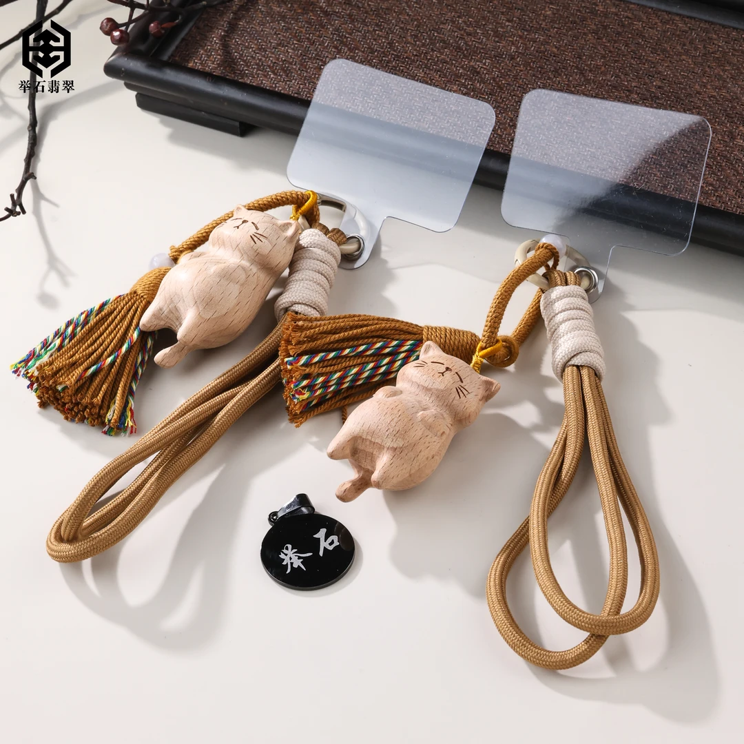【举石臻品】榉木招C猫挂件(一件/多样性发)FSC-405-3
