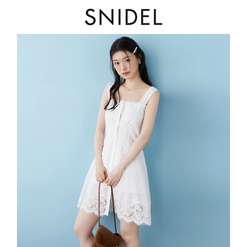SNIDEL2025春夏新品甜美气质收腰蕾丝钩花吊带连衣裙SWFO252166