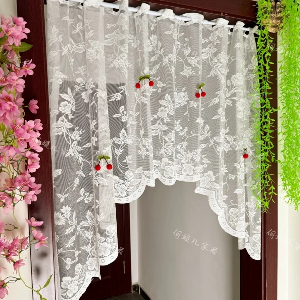 浪漫唯美门帘160*100一片式提花织绣法式帘免打孔送伸缩杆4个樱桃