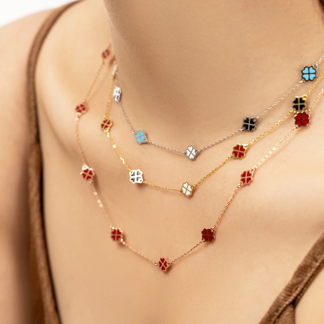 follifollie 坠链均925银珐琅 意大利真金手工珐琅工艺四心花项链