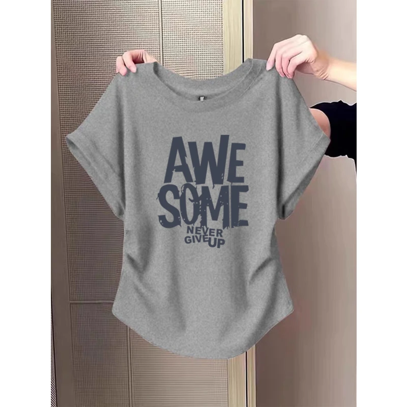 小飞袖褶皱正肩短袖t恤女夏季2025新款设计感收腰显瘦圆领上衣潮