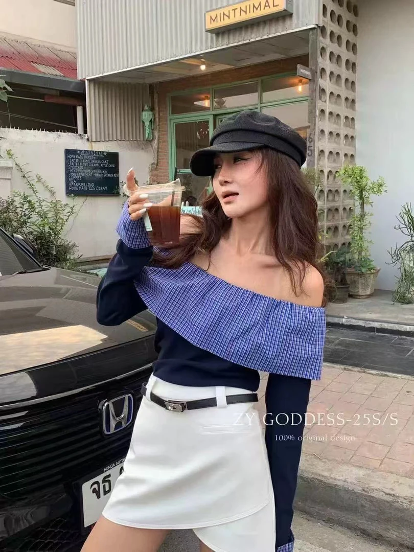 潼潼家【格子晶晶】春季大码时尚显瘦一字领荷叶边衬衫