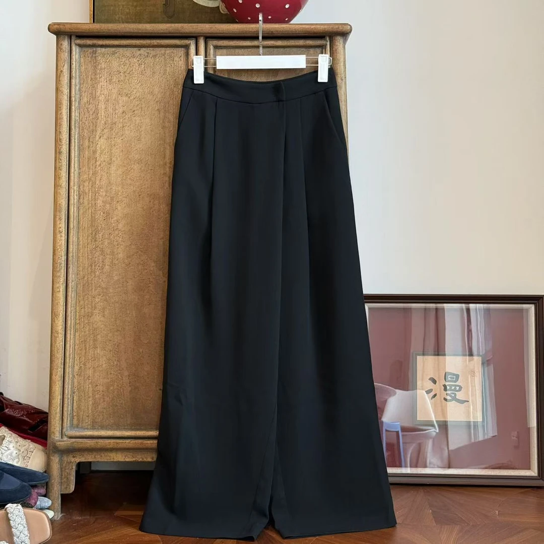 MYL 2025夏季新品醋酸黑色休闲裤中腰阔腿休闲宽松通勤不对称长裤