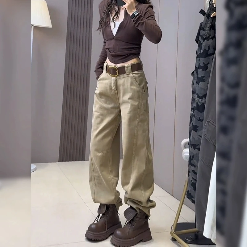 窄版卡其色镰刀弯刀工装牛仔裤女2025秋季新款大码胖mm高腰香蕉裤