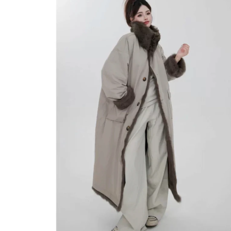 派克服网红女款真毛兔毛一体双面穿宽松韩版冬季加厚保暖时尚