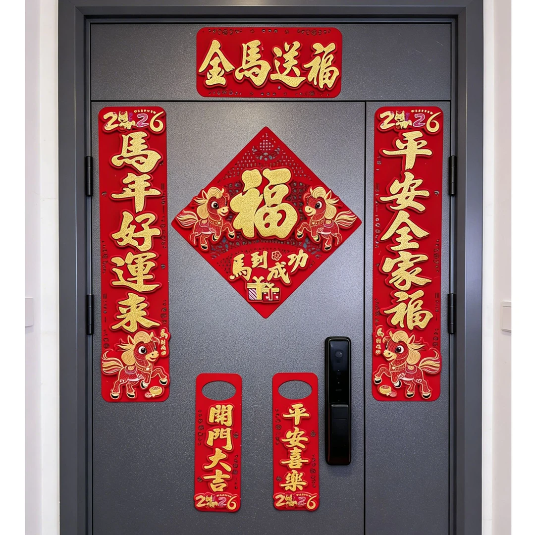 马年新款【金马送福】强磁吸对联带门把手挂件新年春节福字入户门贴