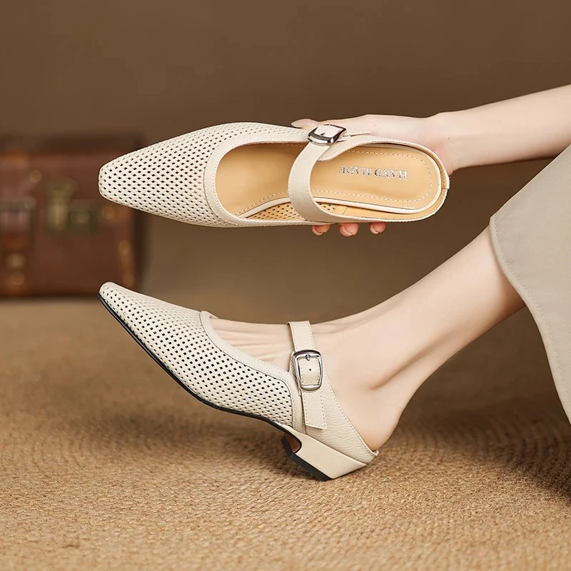 真皮半拖凉鞋女夏季低跟外穿包头平底拖鞋透气凉拖休闲中年女士鞋