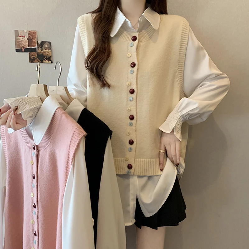 2025春装胖mm大码女百搭无袖针织背心喇叭衬衣两件套装71857+4230