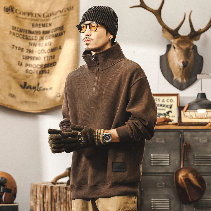 美式复古雪尼尔360g重磅半高领卫衣男冬季加厚条绒宽松大码外套男