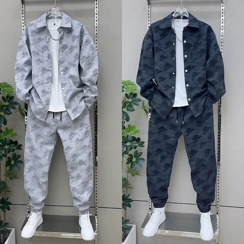 美式潮牌时尚扎染宽松帅气字母套装男秋季痞帅翻领夹克长裤两件套