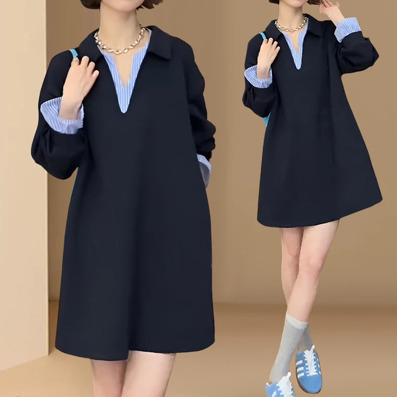 条纹拼接假两件连衣裙女2025春秋新款设计师款撞色polo领中长裙