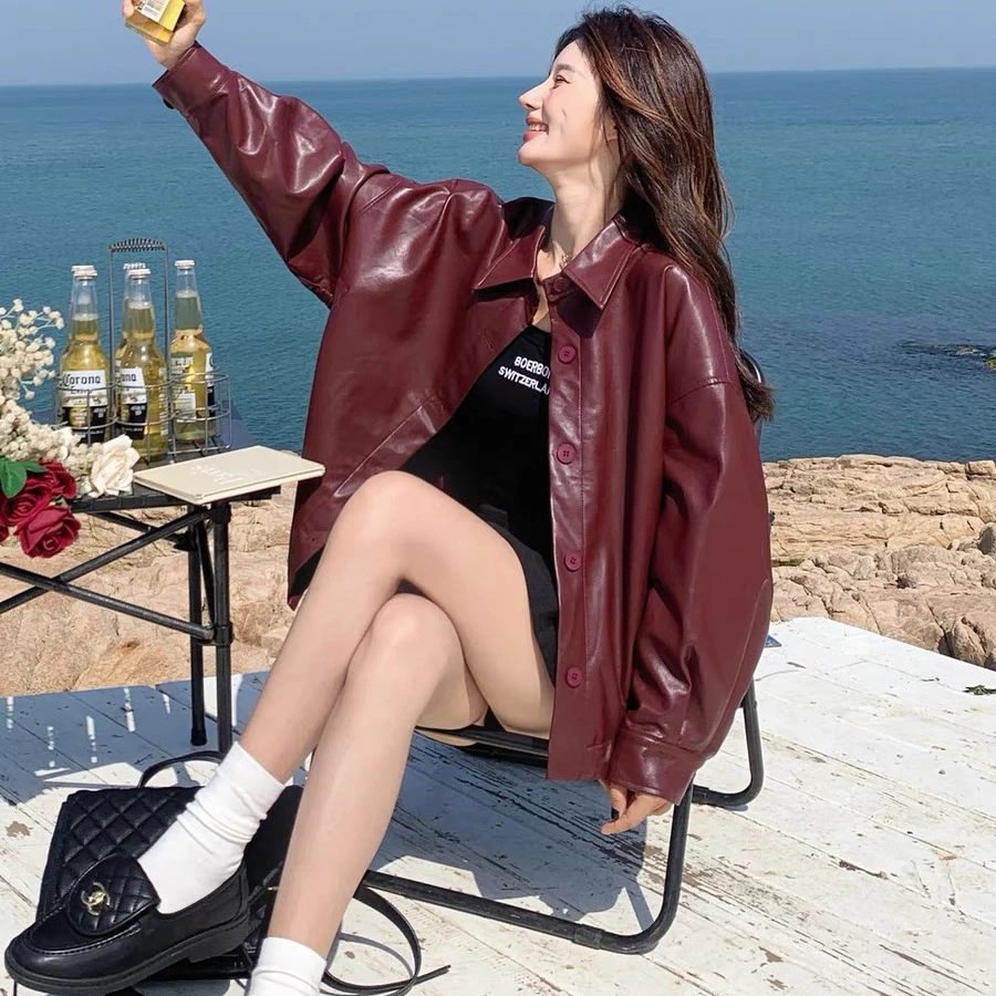 秋季百搭时尚韩版网红短款休闲宽松显瘦气质复古翻领皮衣外套女20