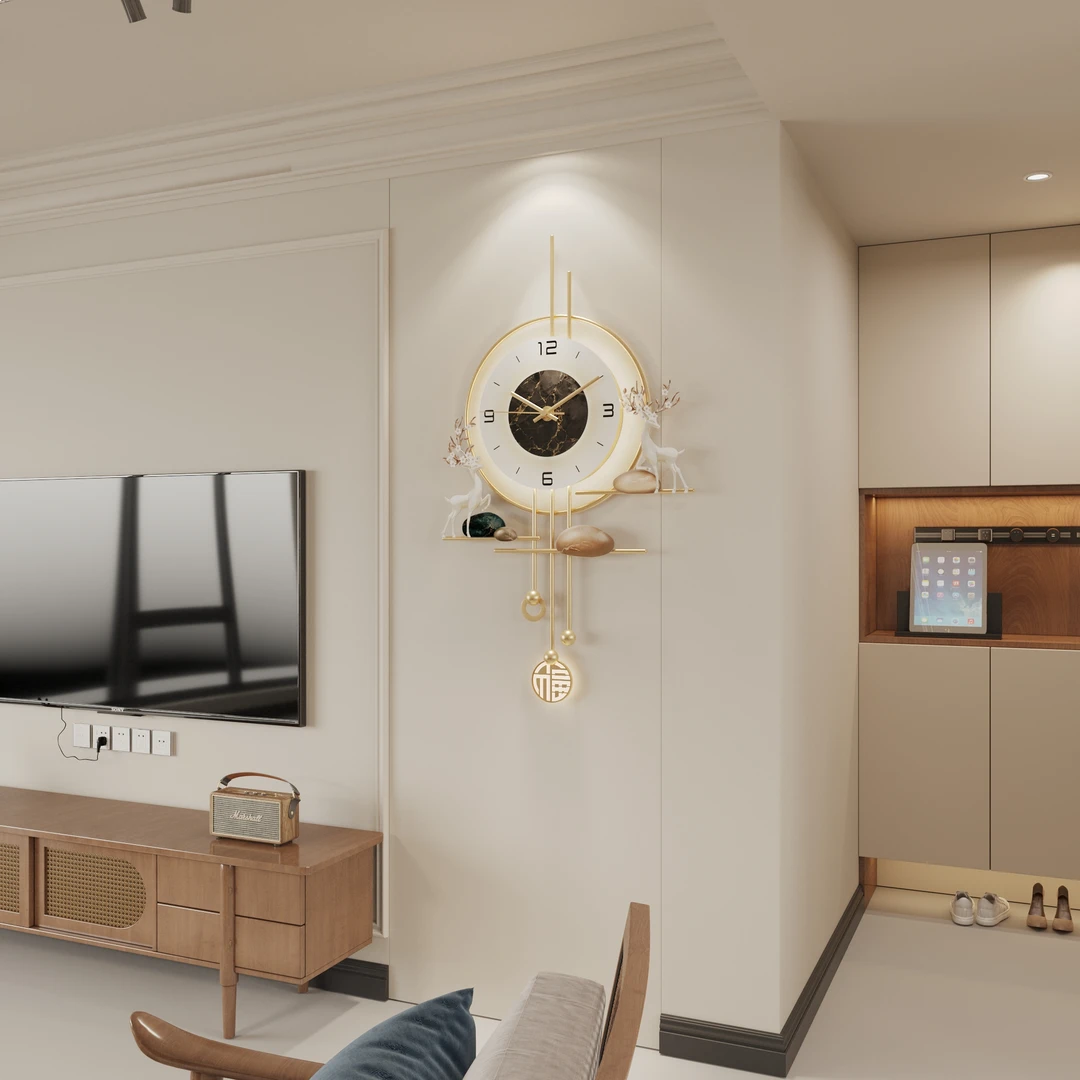 客厅挂钟2025年新款钟表挂墙轻奢风时钟格栅背景墙挂表家用灯带钟
