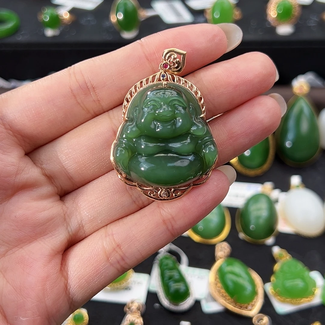 和田玉（碧玉）18K金镶嵌吊坠(不含链)猫眼佛公28*13.5mm