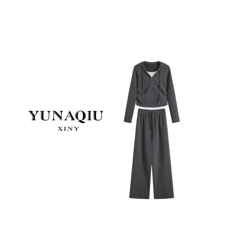 YUNAQIU-套头纯色时髦套装连帽灰色-9589