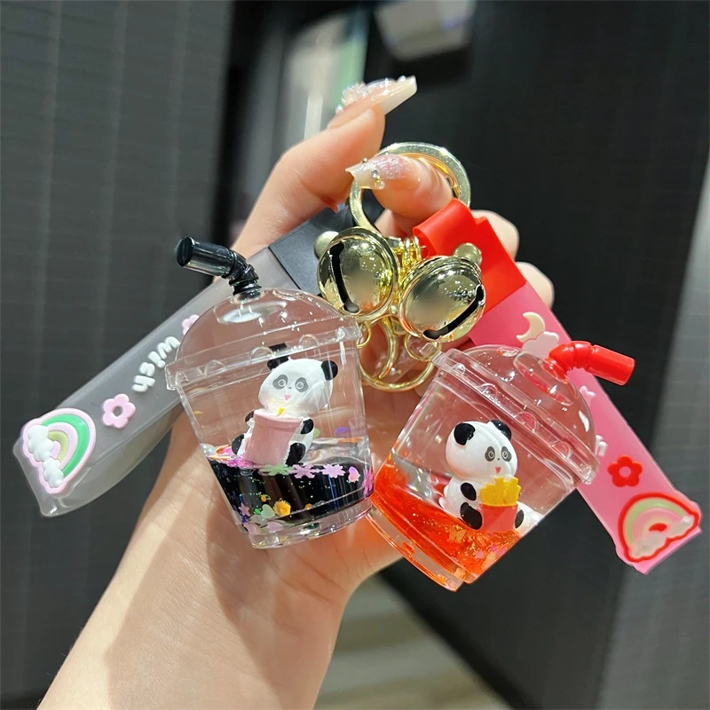 入油亚克力汉堡熊猫圆筒杯流沙瓶钥匙扣可爱熊猫奶茶杯漂流瓶挂件