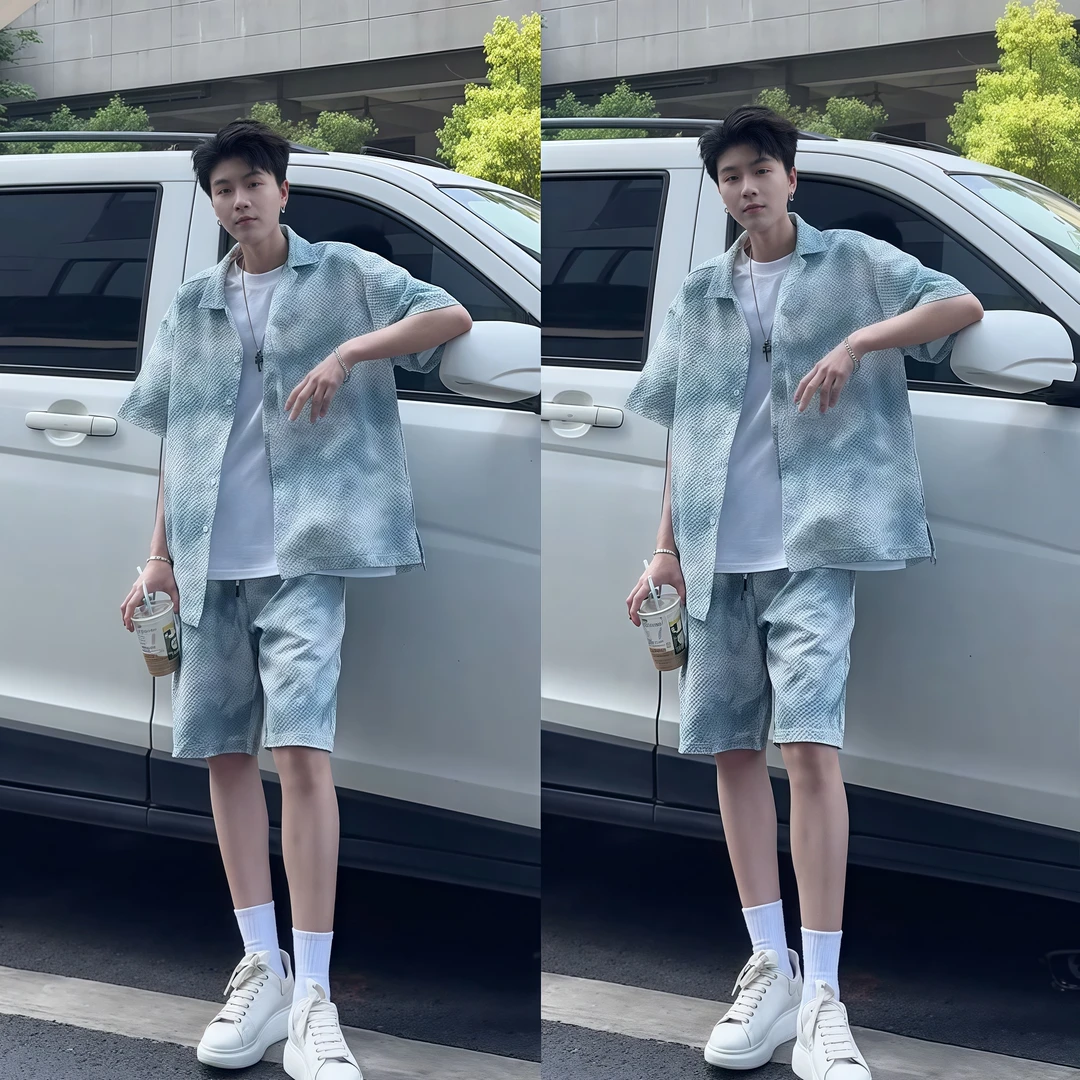夏季薄款国风扎染短袖衬衫短裤套装男潮流时尚建议百搭宽松两件套