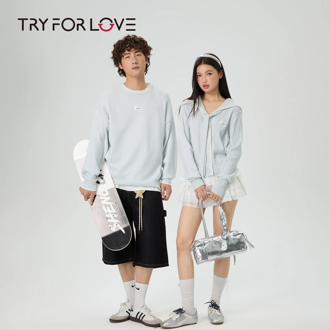 TRYFORLOVE情侣装海军领设计开衫毛衣男女2025秋新款一长一短外套