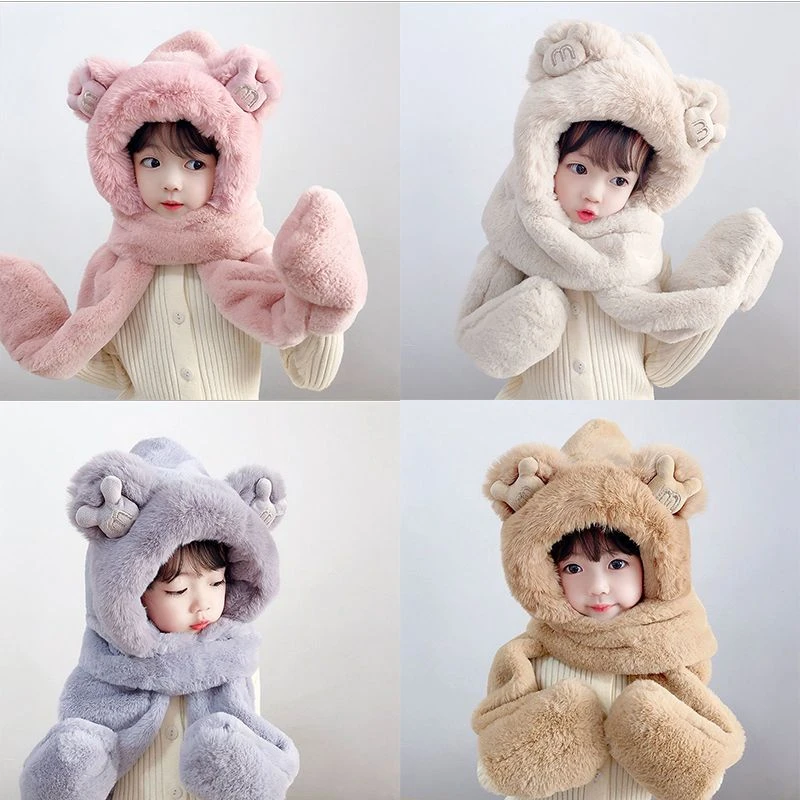 儿童帽子围巾手套一体2025新款秋冬季加绒加厚男女童保暖防风帽N