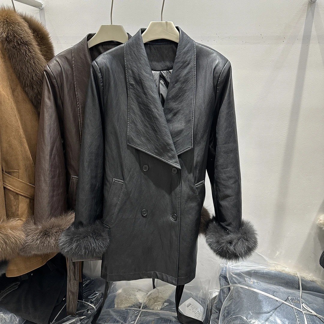 中长款pu皮羽绒服女冬新款韩版大毛领袖口V领双排扣羽绒皮衣外套