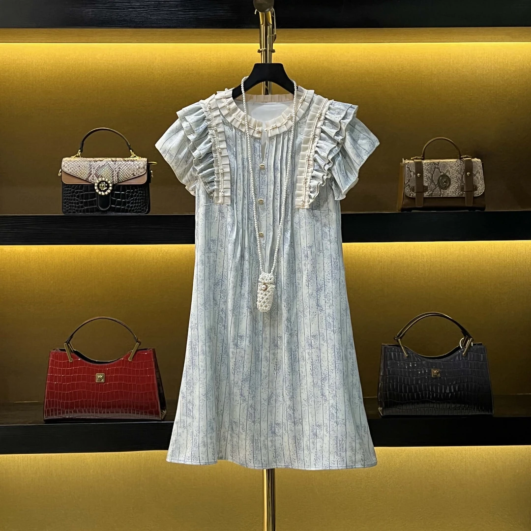 青仓【夏夏专属】云雾百搭时尚气质复古浅蓝色连衣裙  07060