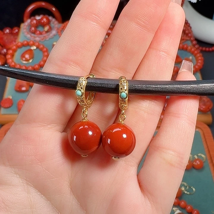 南红玛瑙银S925镶嵌12耳饰高货