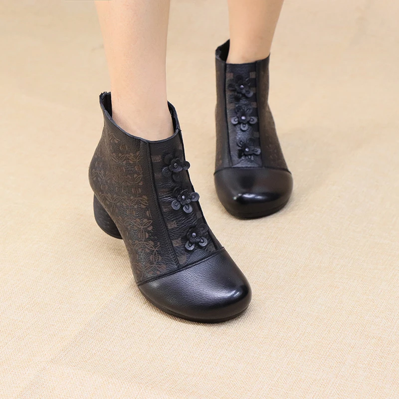 秋冬款真皮中跟妈妈鞋复古民族风粗跟短靴软底加绒时尚马丁靴