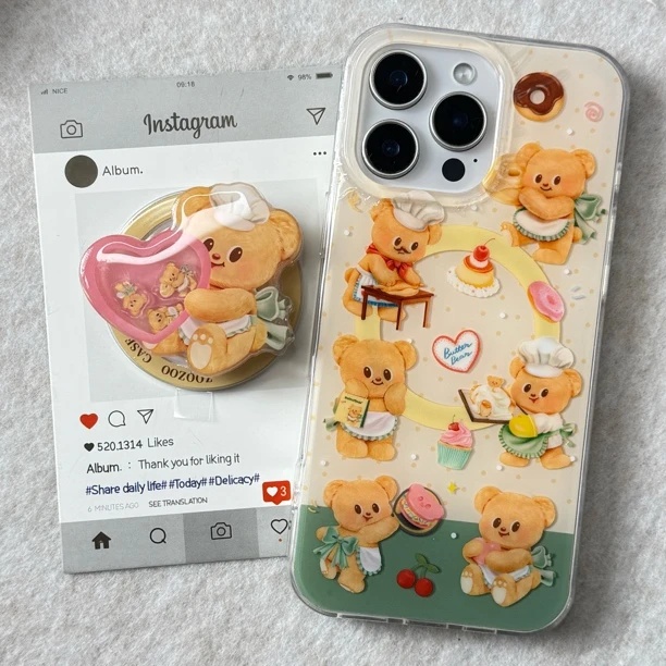 适用苹果磁吸摇摇乐支架黄油小熊爱心手机壳可爱设计双层保护壳