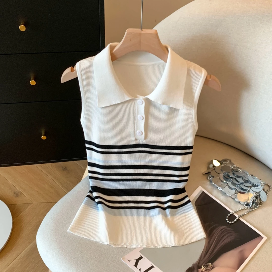 韩系撞色条纹Polo领针织背心女夏季2025新款独特别致修身无袖上衣