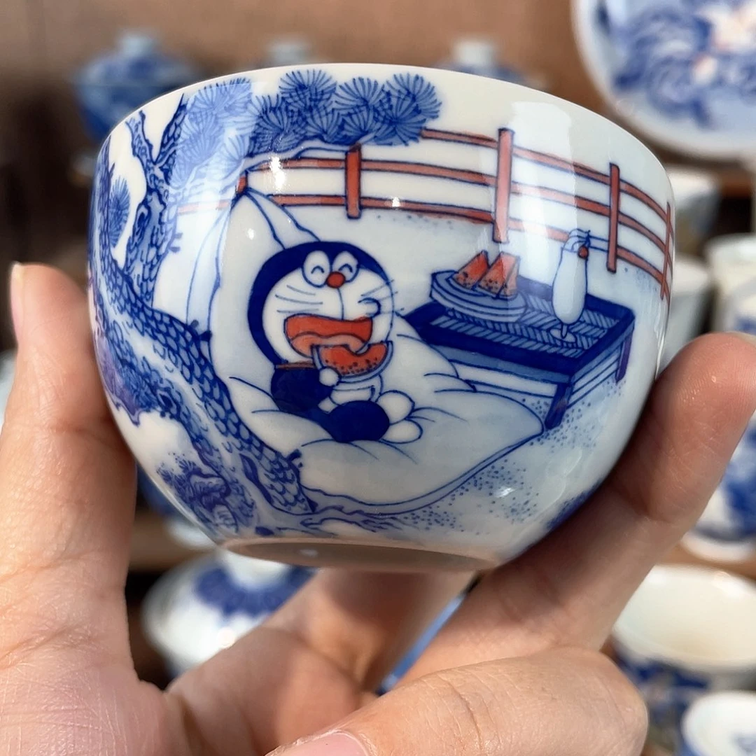 泥藝瓷梦叮当猫吃西瓜