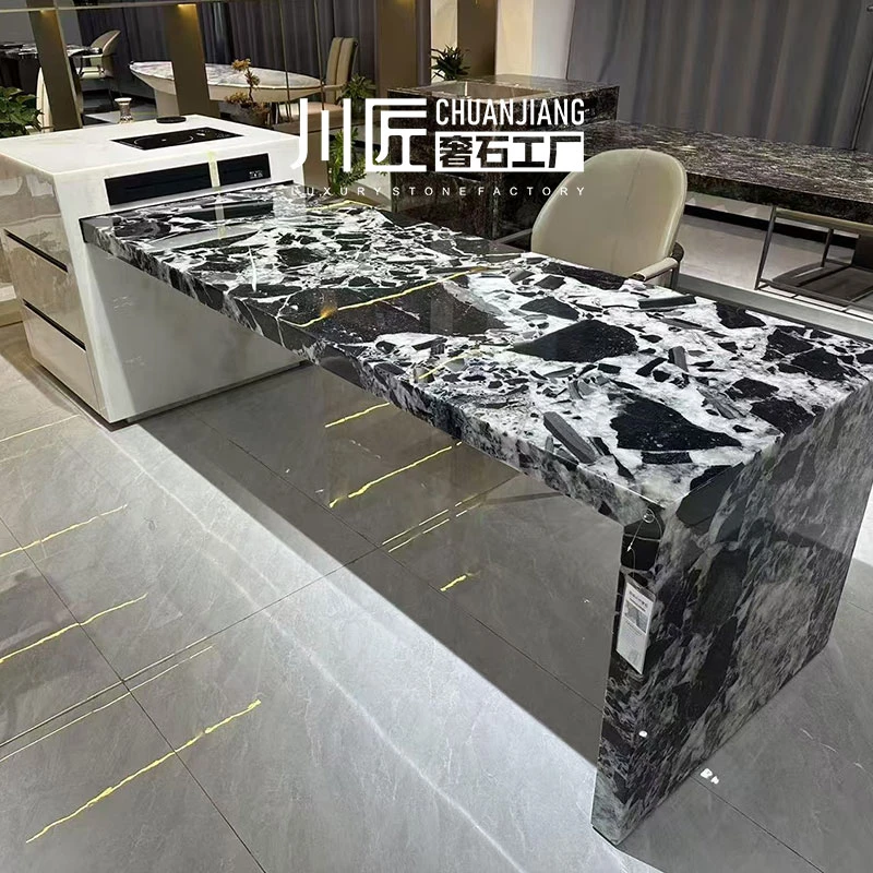 意式奢石岛台餐桌一体可伸缩风家用高端奢石宝格丽黑餐岛台一体桌