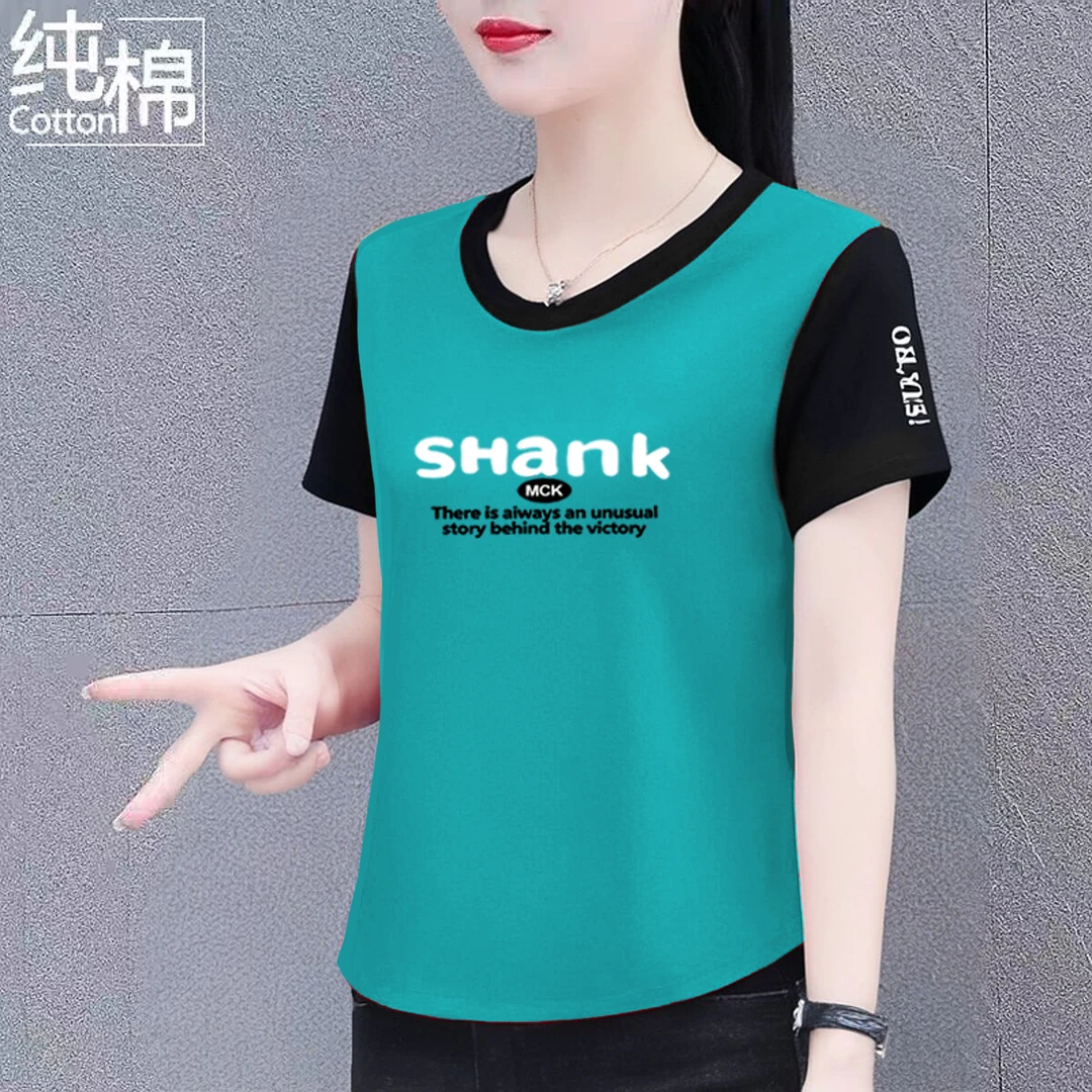 纯棉中年短袖t恤女夏季新款宽松显瘦拼色圆领时尚减龄百搭上衣潮