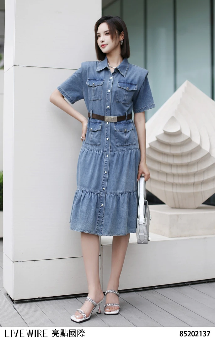 夏季新款短袖牛仔连衣裙女长款衬衫蛋糕裙时尚百搭