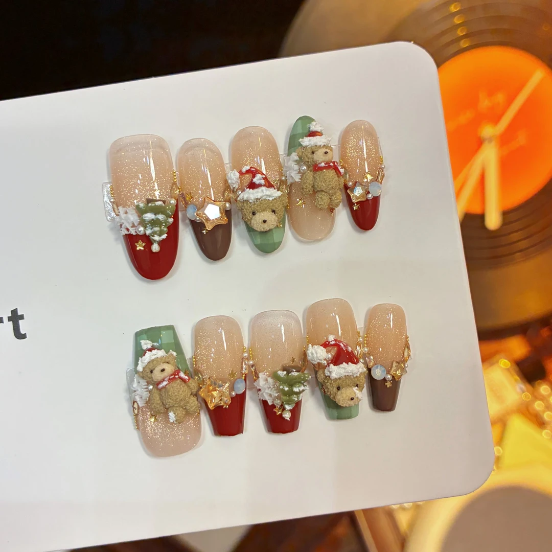 【圣诞小熊】格纹法式立体小熊造型美甲可爱风2025中长款穿戴甲