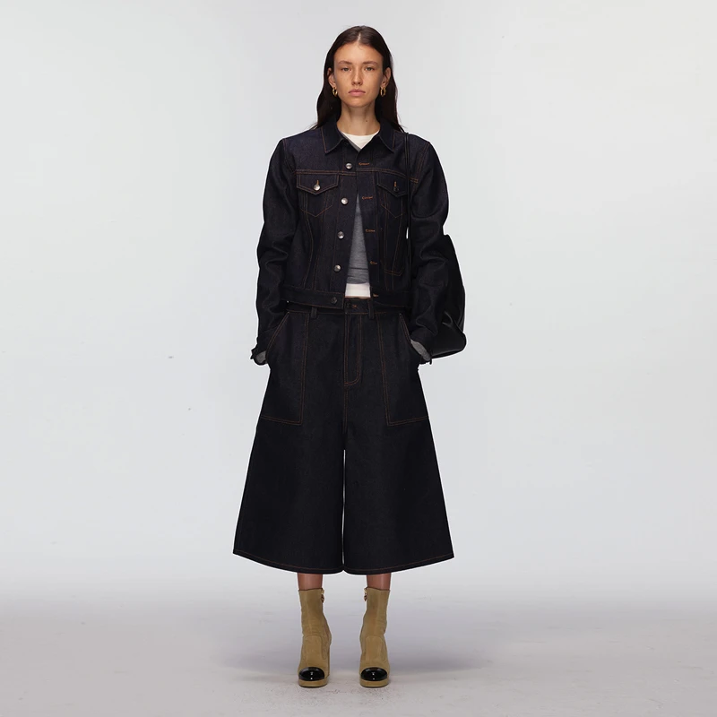 ECHOADE 时髦中低腰设计 丹宁原色微喇阔腿版型牛仔中裤