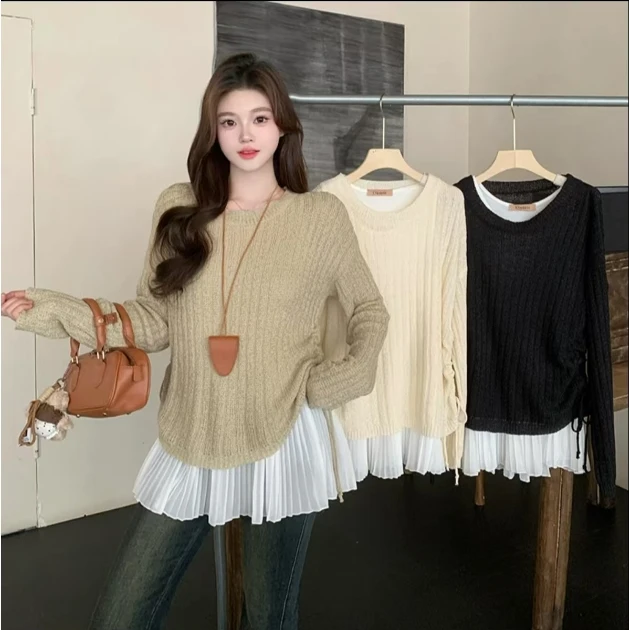 0581#大码女装抽绳长袖针织衫罩衫花边背心春季设计感显瘦百搭女